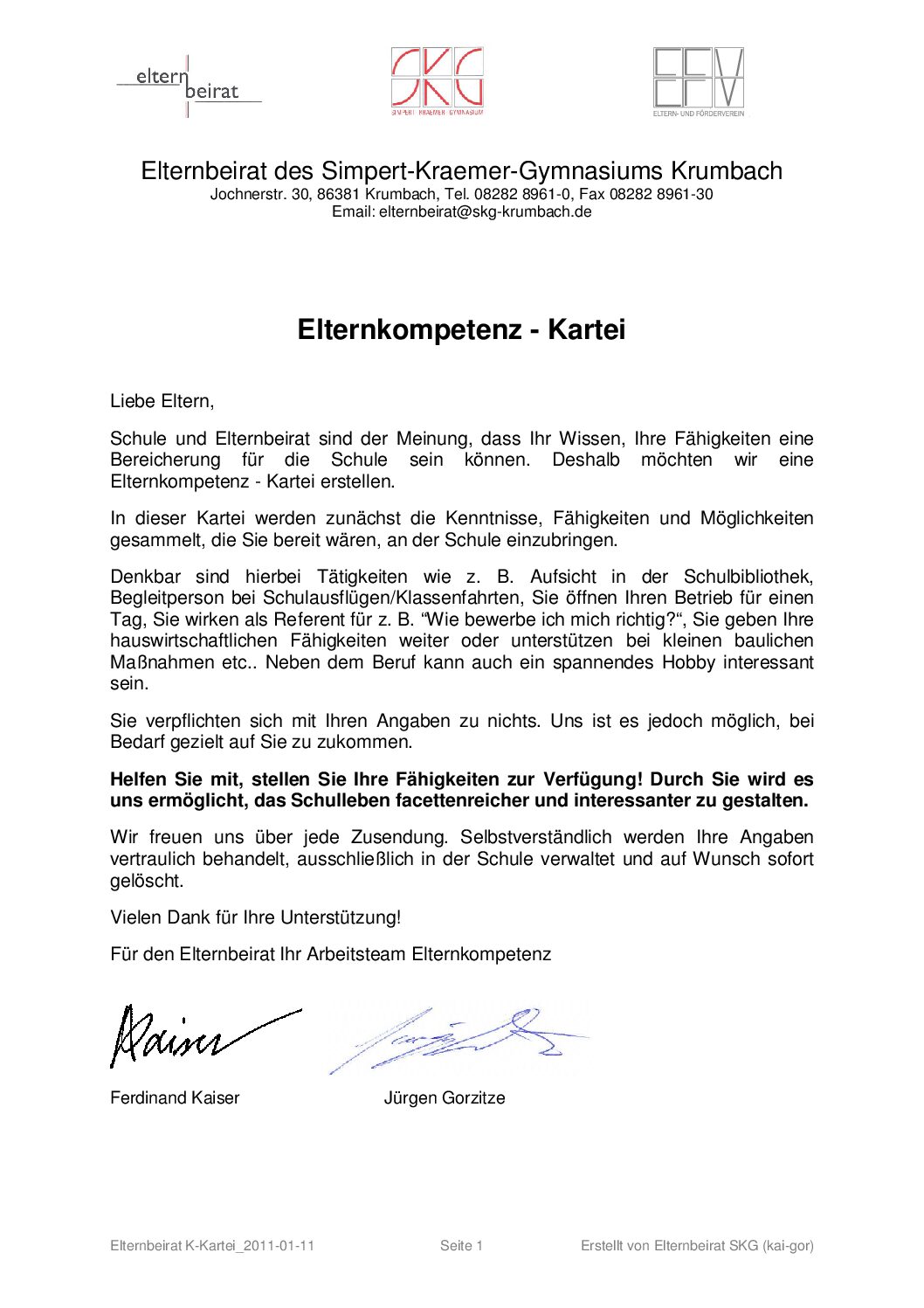 Fragebogen für die Kompetenzkartei